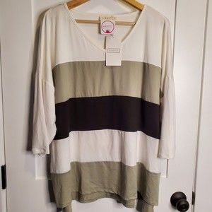 Ninexis Ivory Black Green Color Block 3/4 Sleeved  Blouse Top Size 1X - NWT